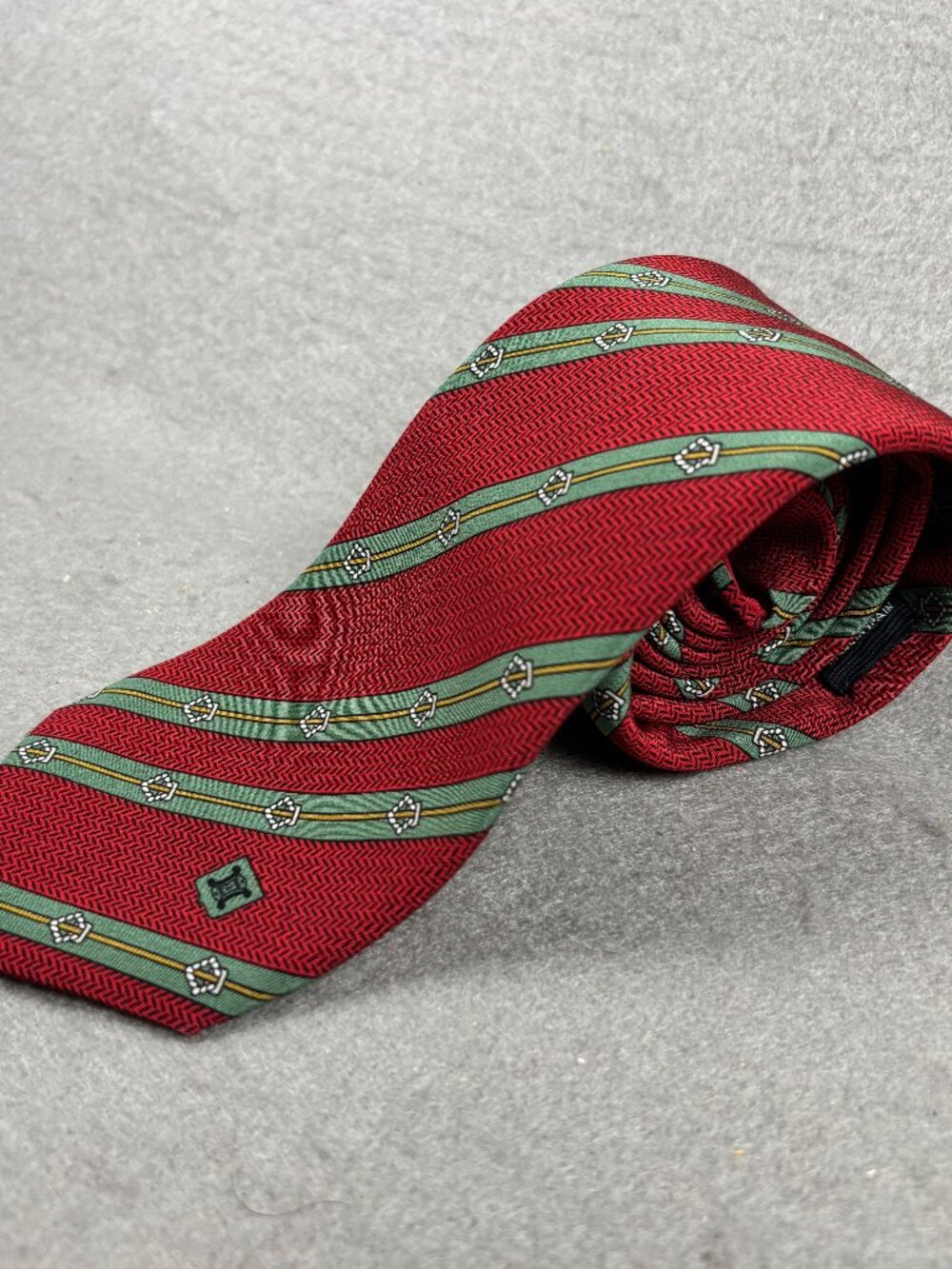 Celine Paris Silk Tie Red Green Equestrian Stirrup Made in Italy